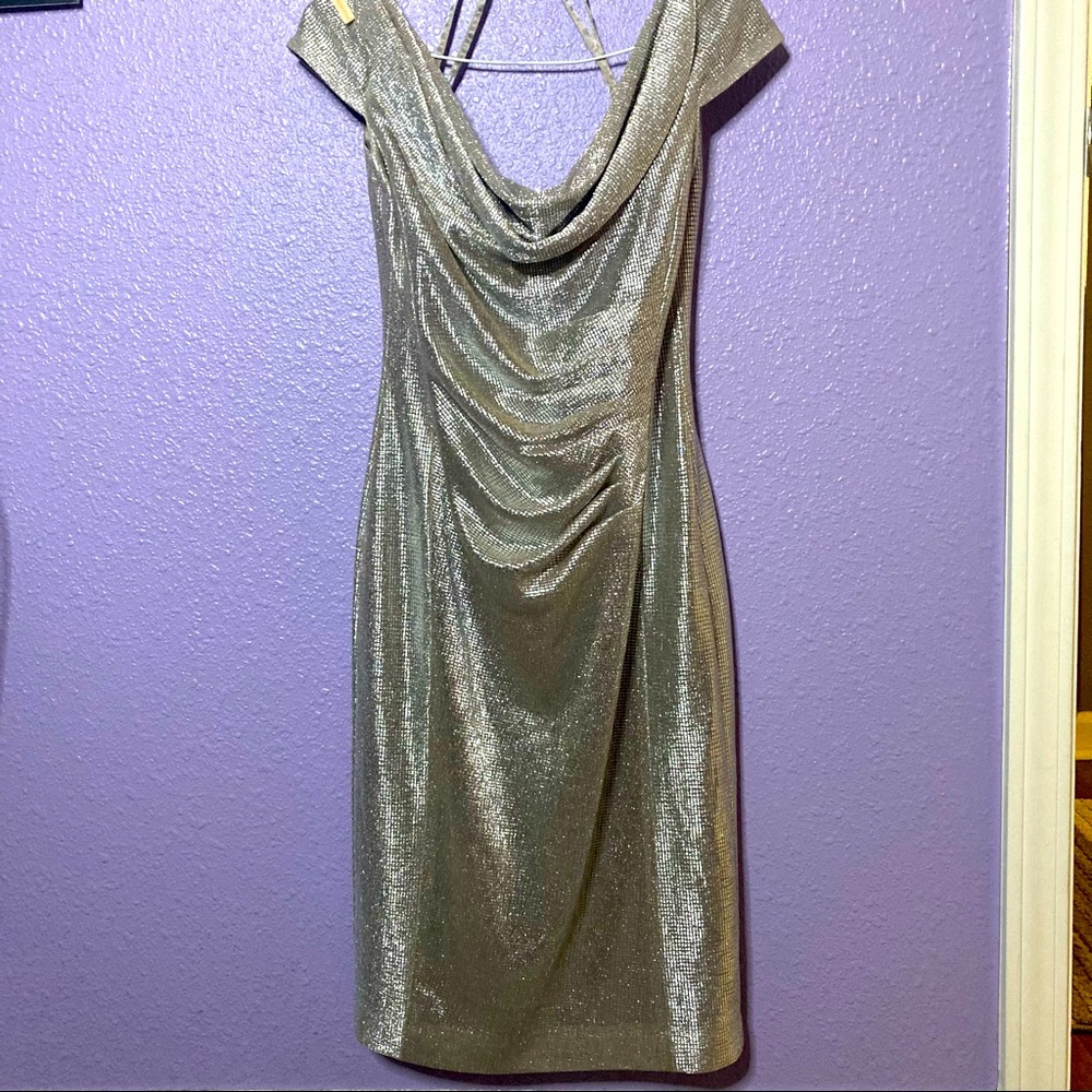 Tahari silver sparkle off the shoulder sexy cocktail dress size 2